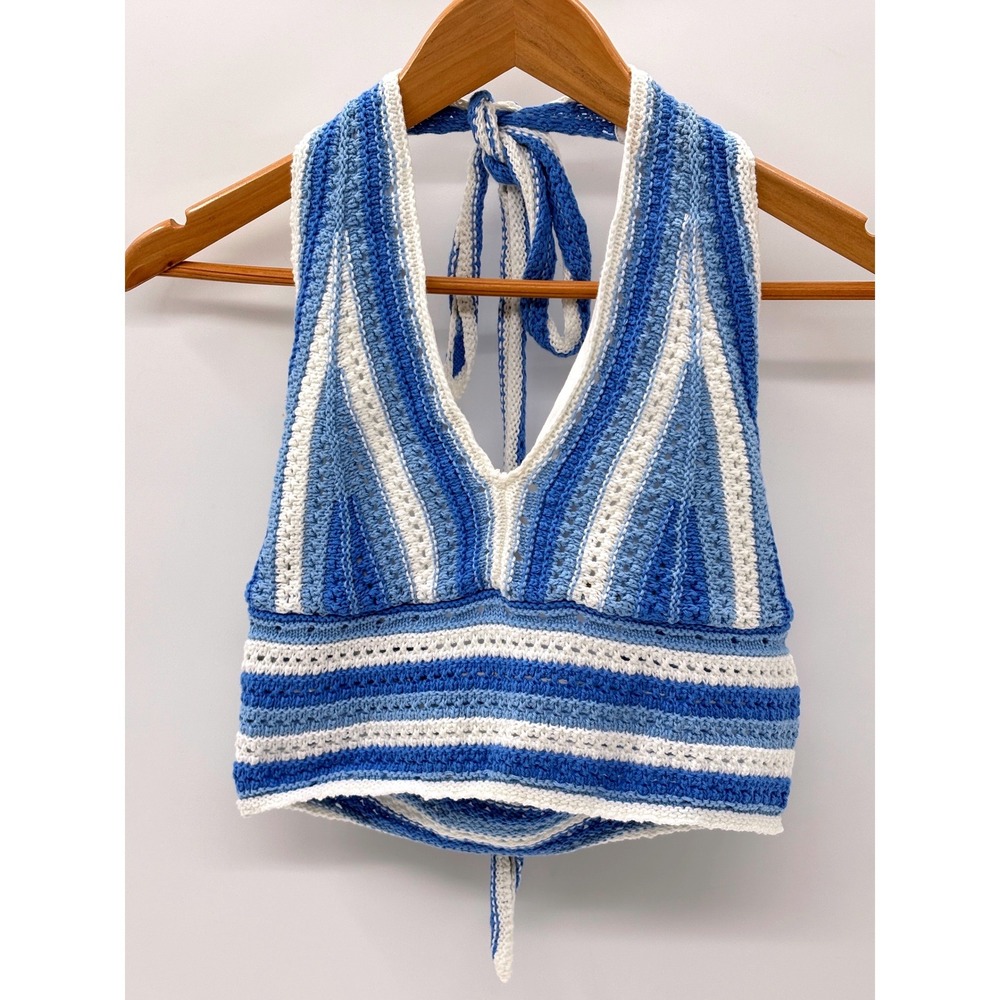 Hollister Halter Top Crop‎ Knit Blue White Women Medium Boho Festival Beach Y2K
